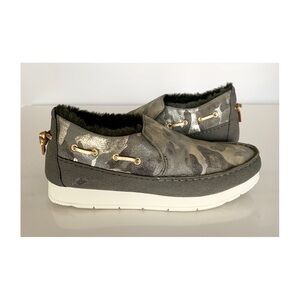 Sperry Moc-Sider Camo Olive Metallic Microfleece Lined Slip on Shoes Sz 8